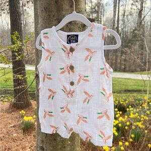 NWOT White Muslin Baby Boy Shortall Romper with Mallard Duck Print